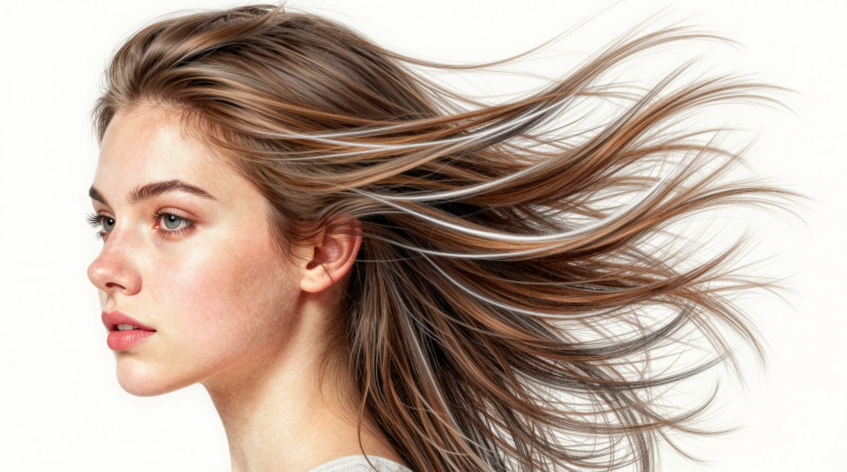 Nahaufnahme-Porträt einer jungen Frau mit vom Wind verwehten Haaren