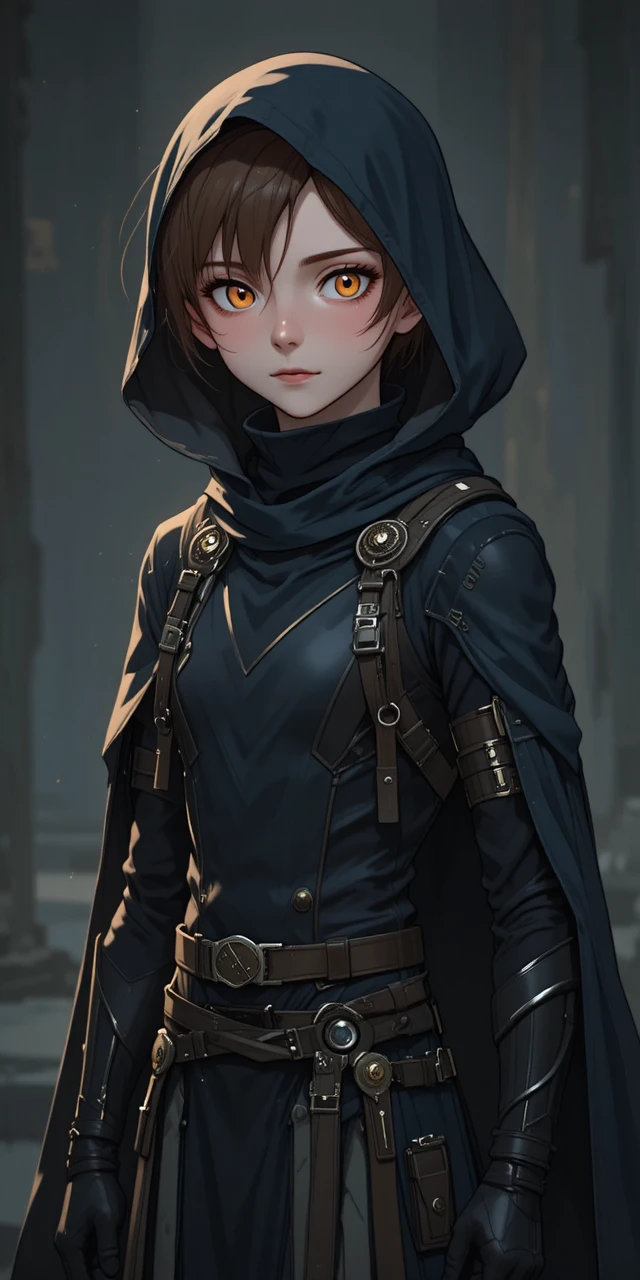 Slim teenage anime boy in dark hooded fantasy outfit