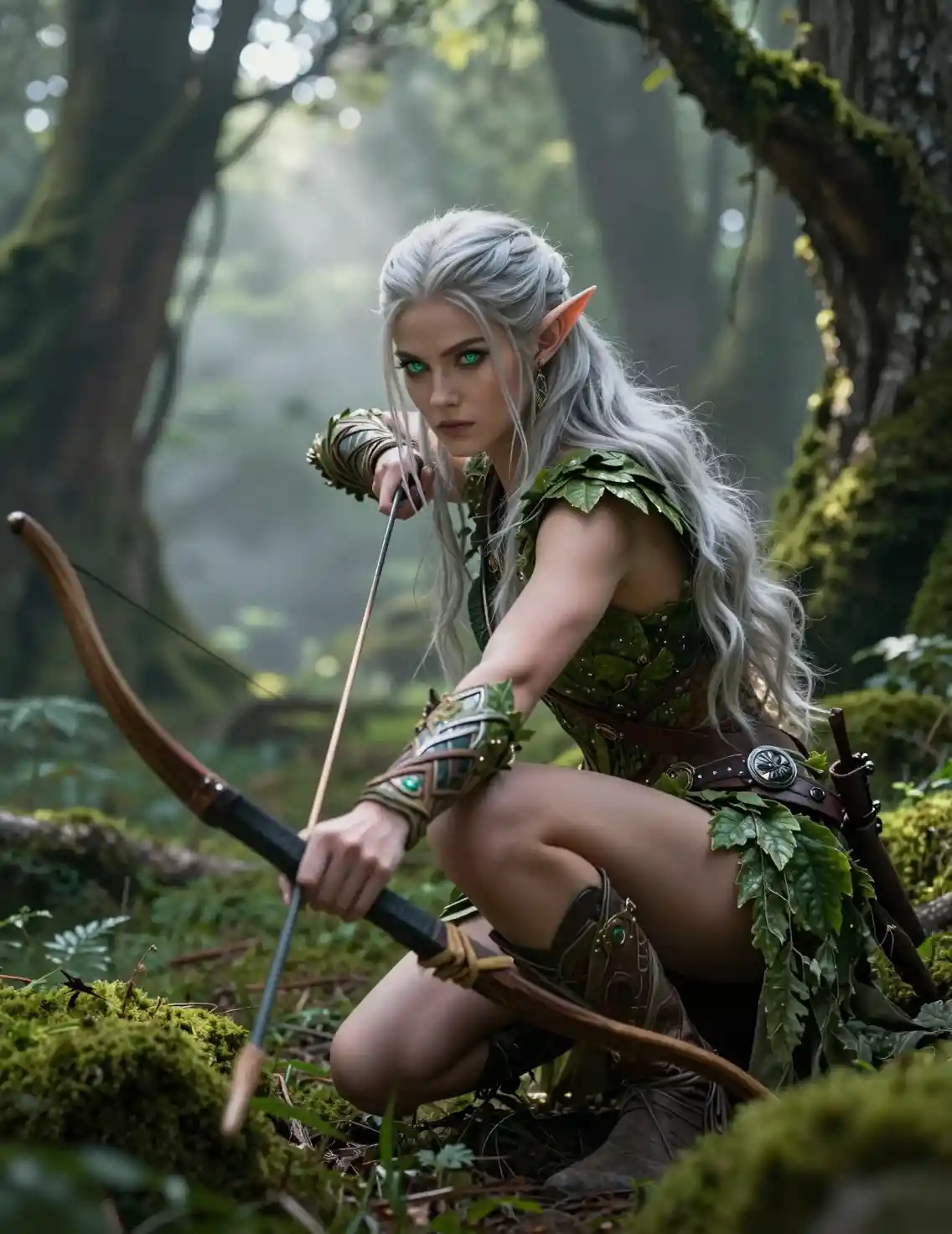 Elven huntress tracking prey in misty ancient forest