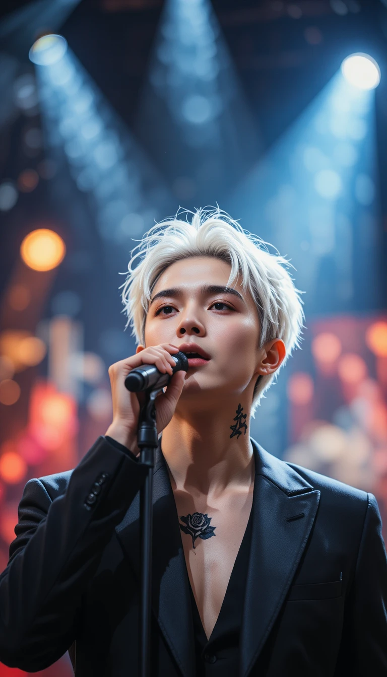 Young male singer under spotlight on concert stage