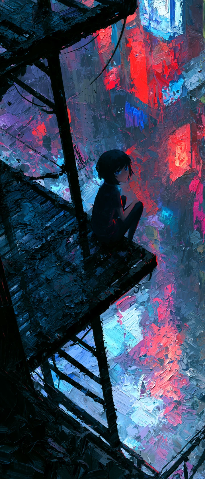 Anime woman on fire escape in neon lit cyberpunk city