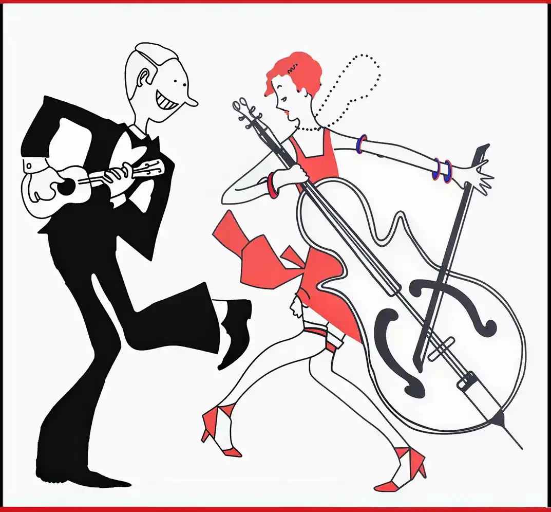 Cartoon couple dancing with contrasting musical instruments