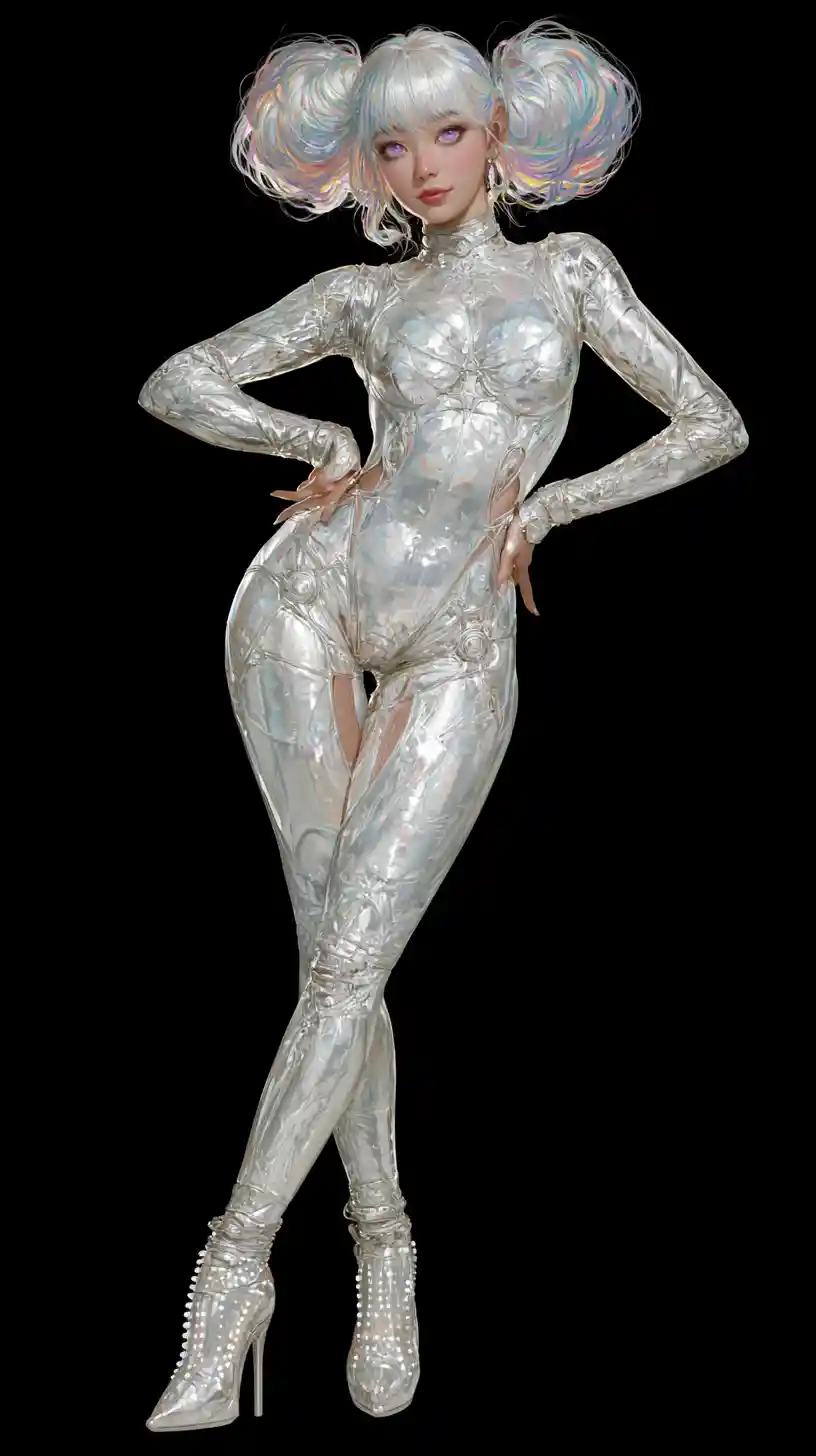 Full body sci fi woman with rainbow hair in silver suit