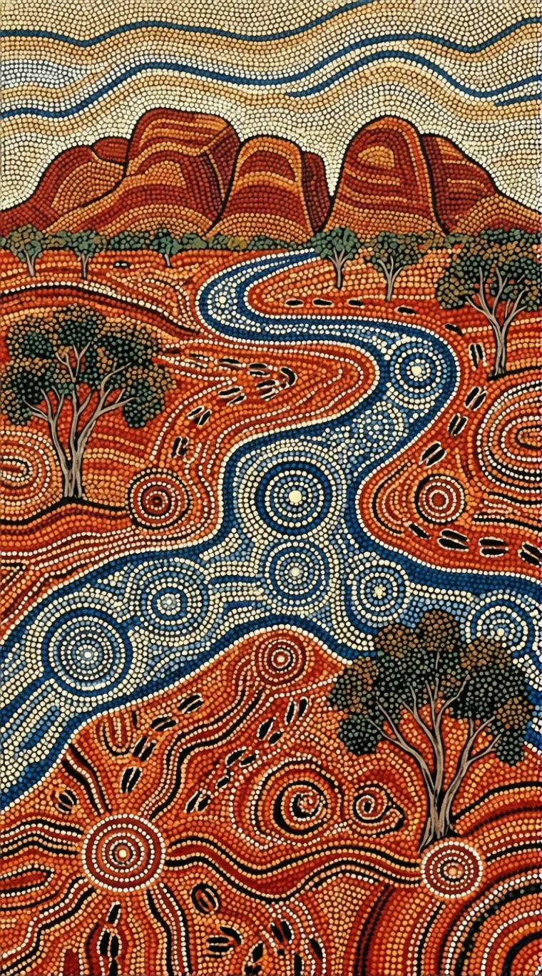 Australian outback dot painting with winding river patterns