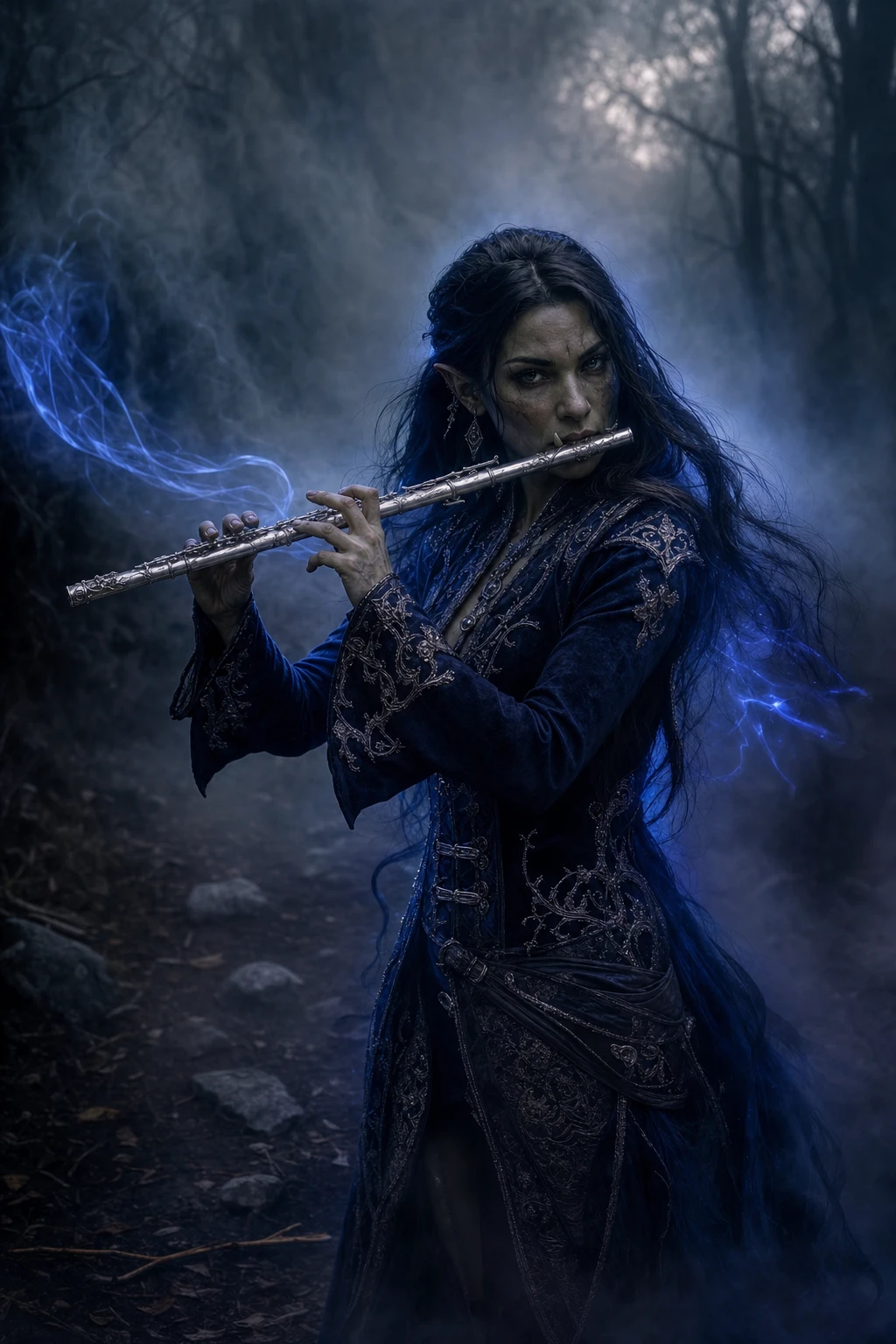 Half orc bard with silver flute in misty forest