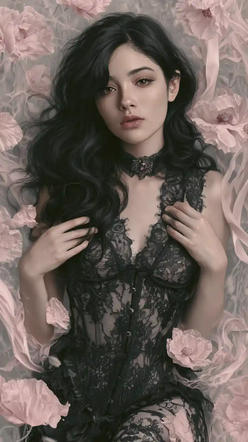 Dark romantic portrait of a woman in black lace corset