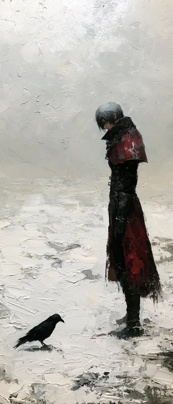 Somber anime figure with crow in a snowy barren landscape