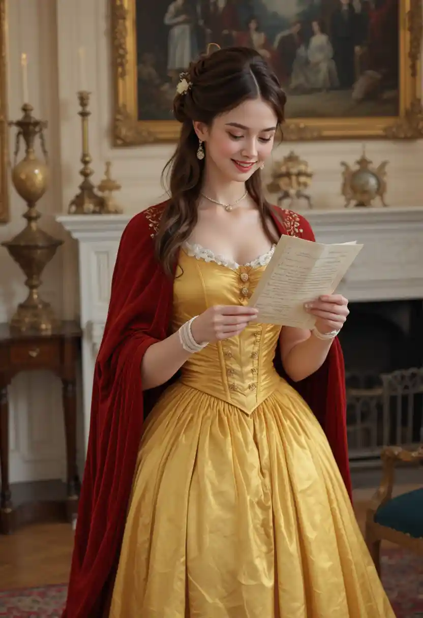 Elegant victorian woman reading a love letter in a parlor