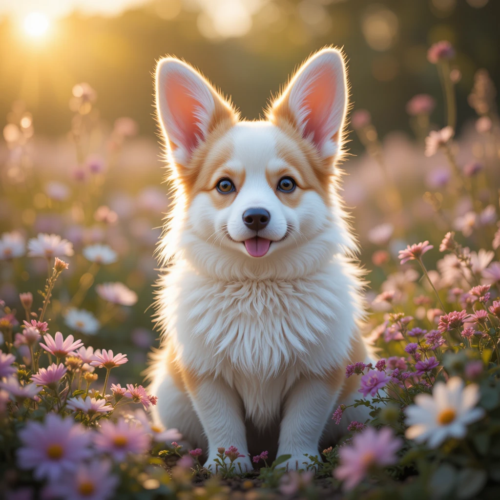 Adorable bunny corgi hybrid resting in a sunlit flower field