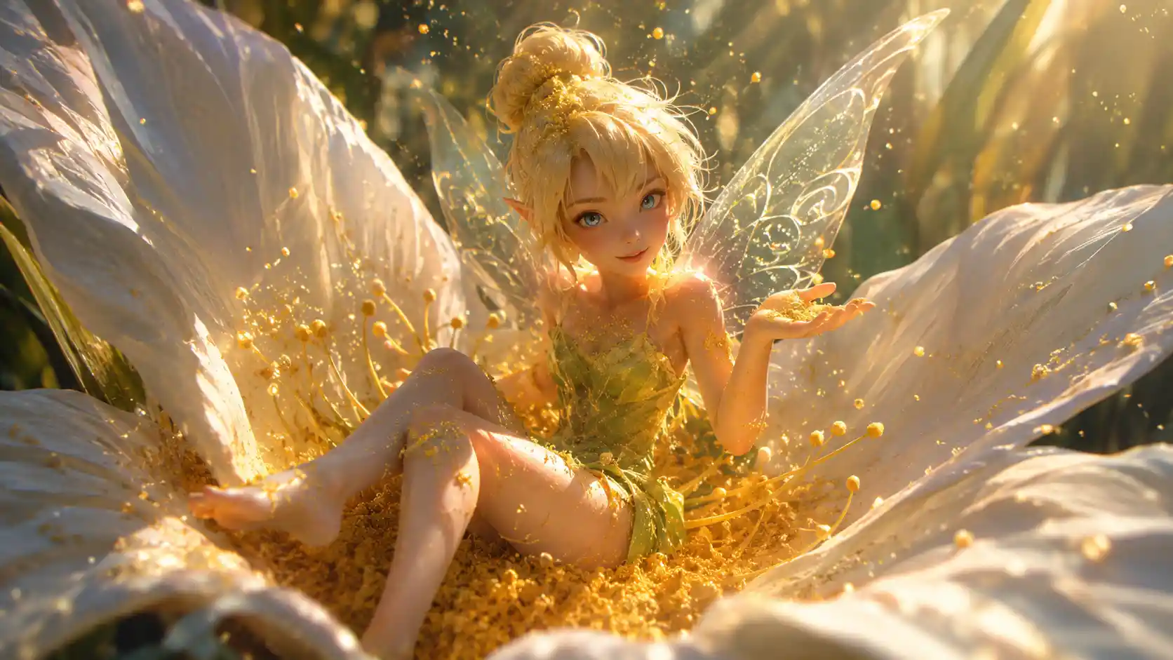 Anime fairy girl resting inside a large glowing flower