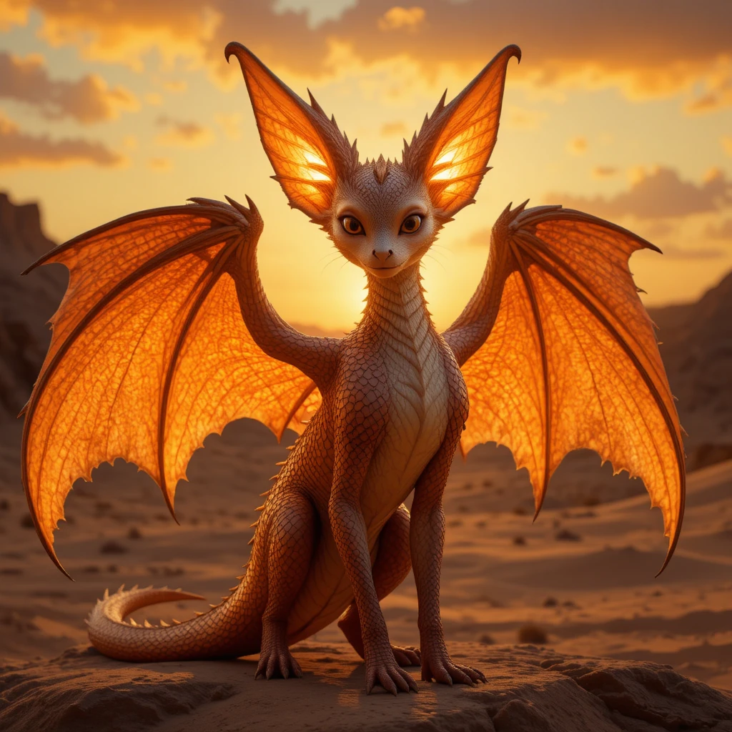 Fennec dragon hybrid with glowing ears at desert sunset