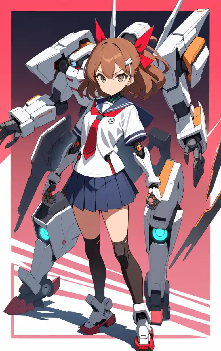 Cyborg anime schoolgirl with katana in combat stance