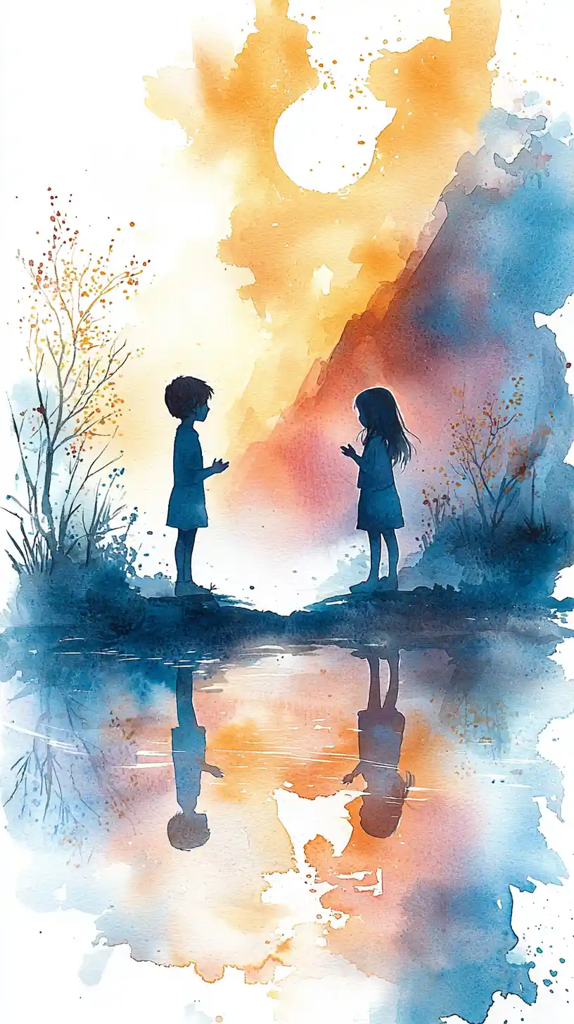 Soft watercolor illustration of two children talking quietly