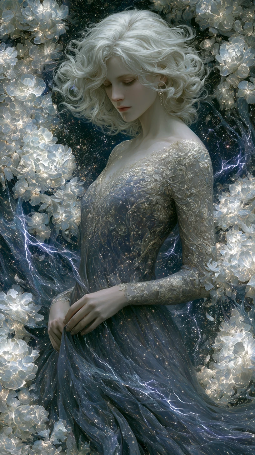 Princesa etérea fusionándose con flores celestiales surreales