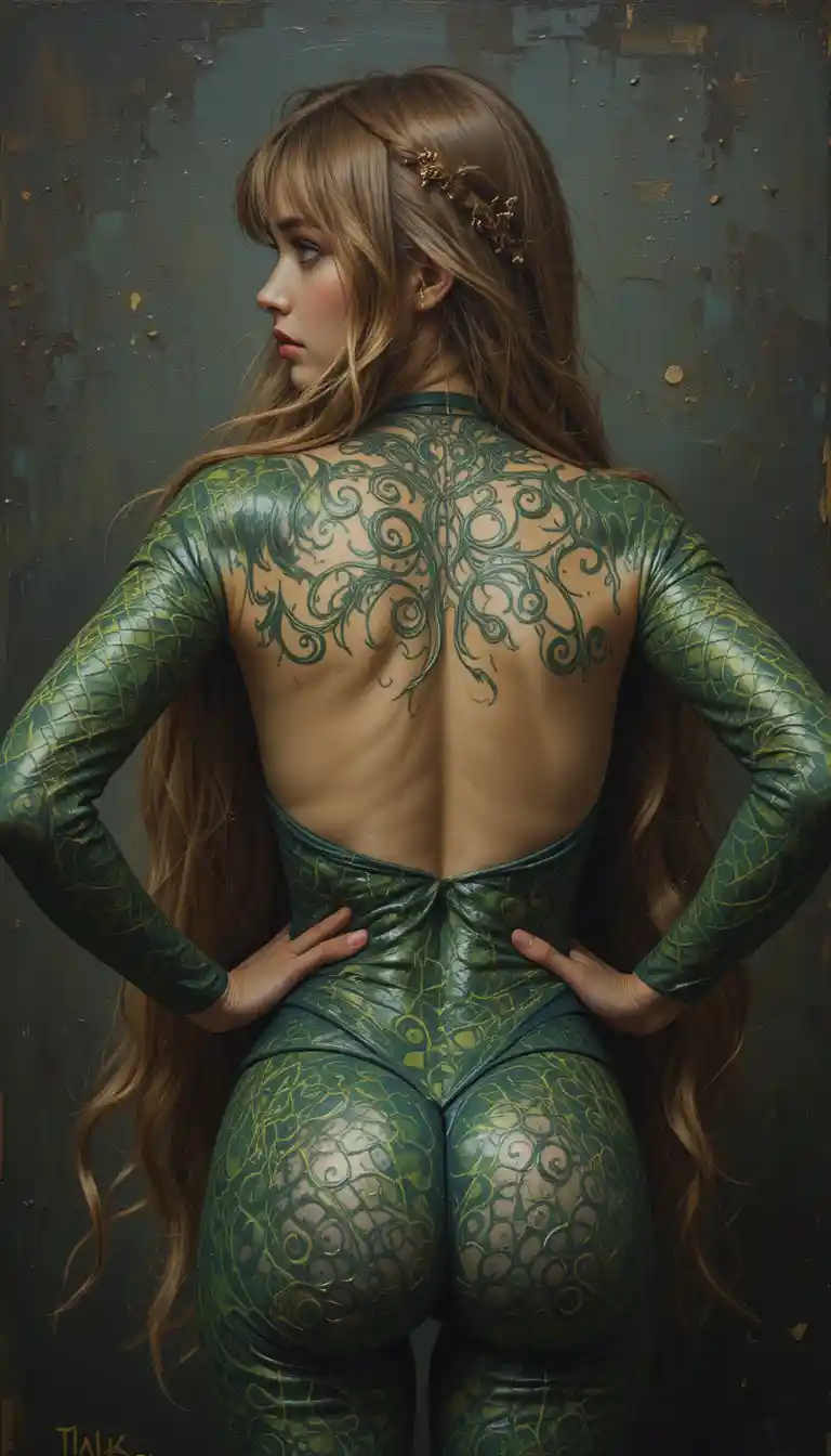 Shy woman with long hair in detailed oil painting rear view