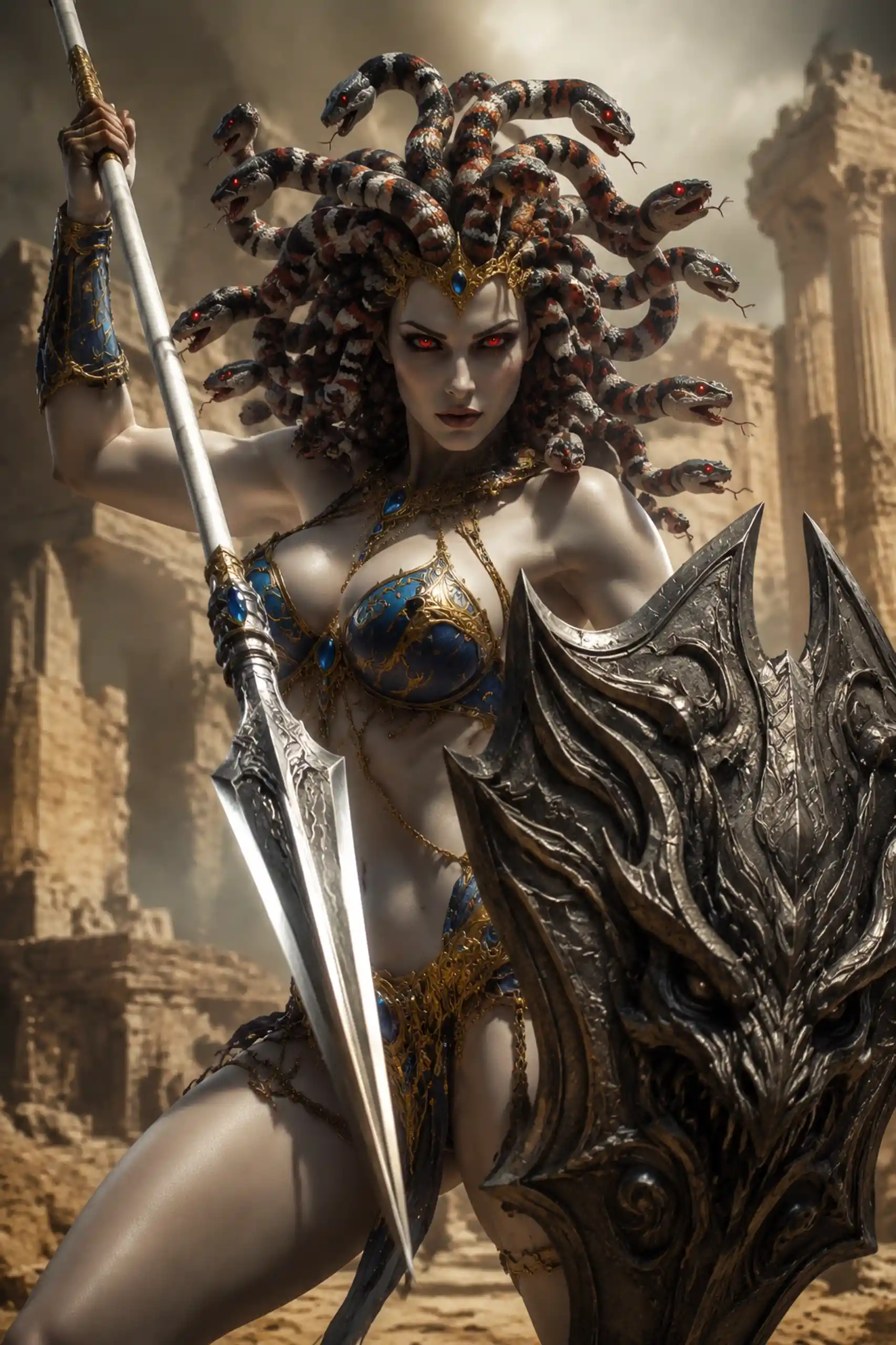 Medusa inspired warrior woman with shield and spear