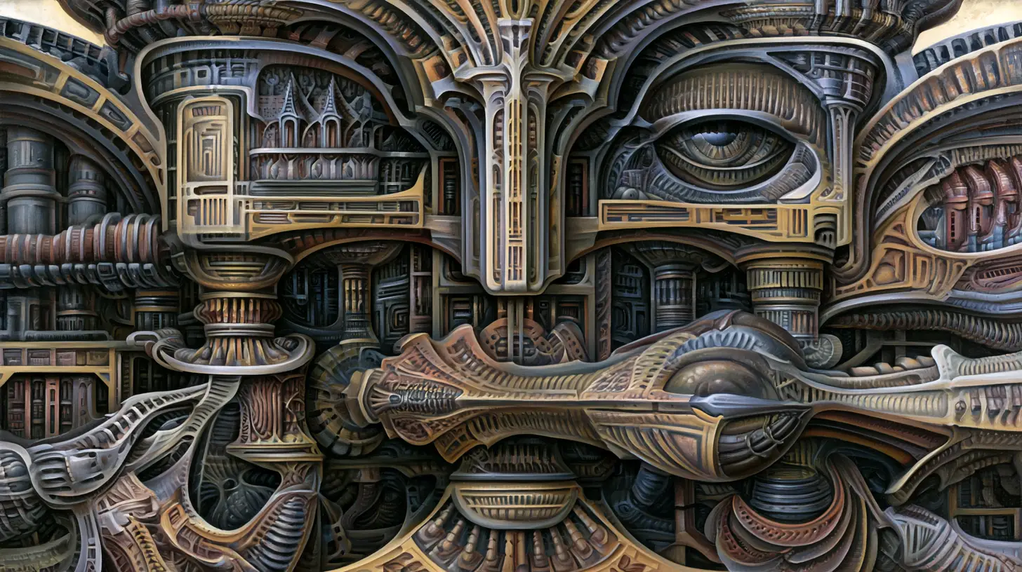 Surreal biomechanical organism in a hallucinatory landscape