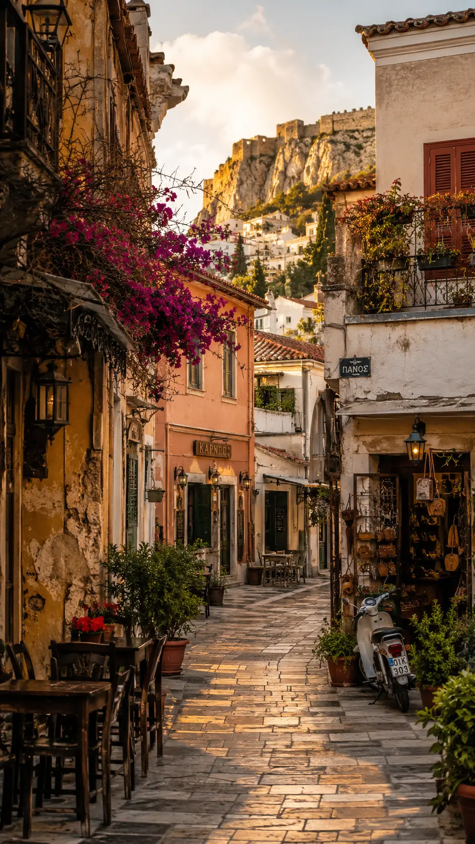 Sonnige griechische Gasse mit efeubewachsenen Treppen und Balkonen