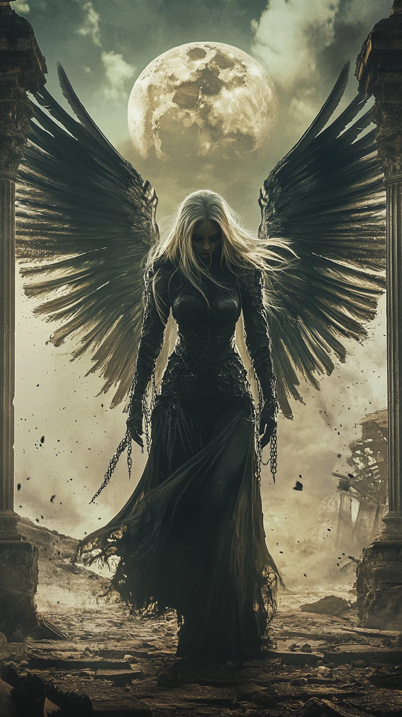 Fallen gothic angel woman in ruins under full moon