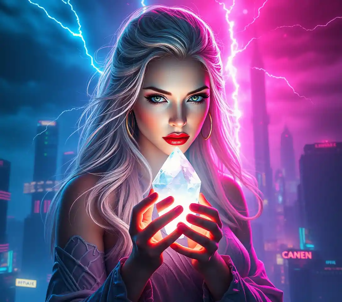 Mystical silver haired woman rising from swirling magic energy