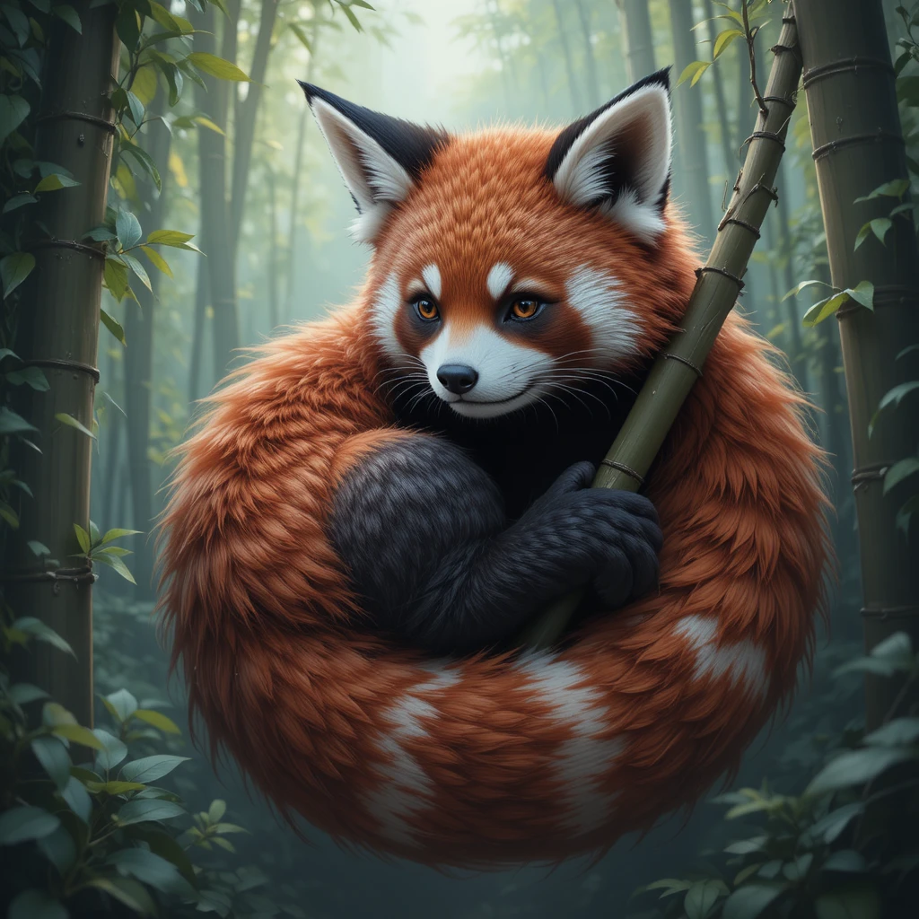 Fantasy fox panda curled around bamboo in misty forest