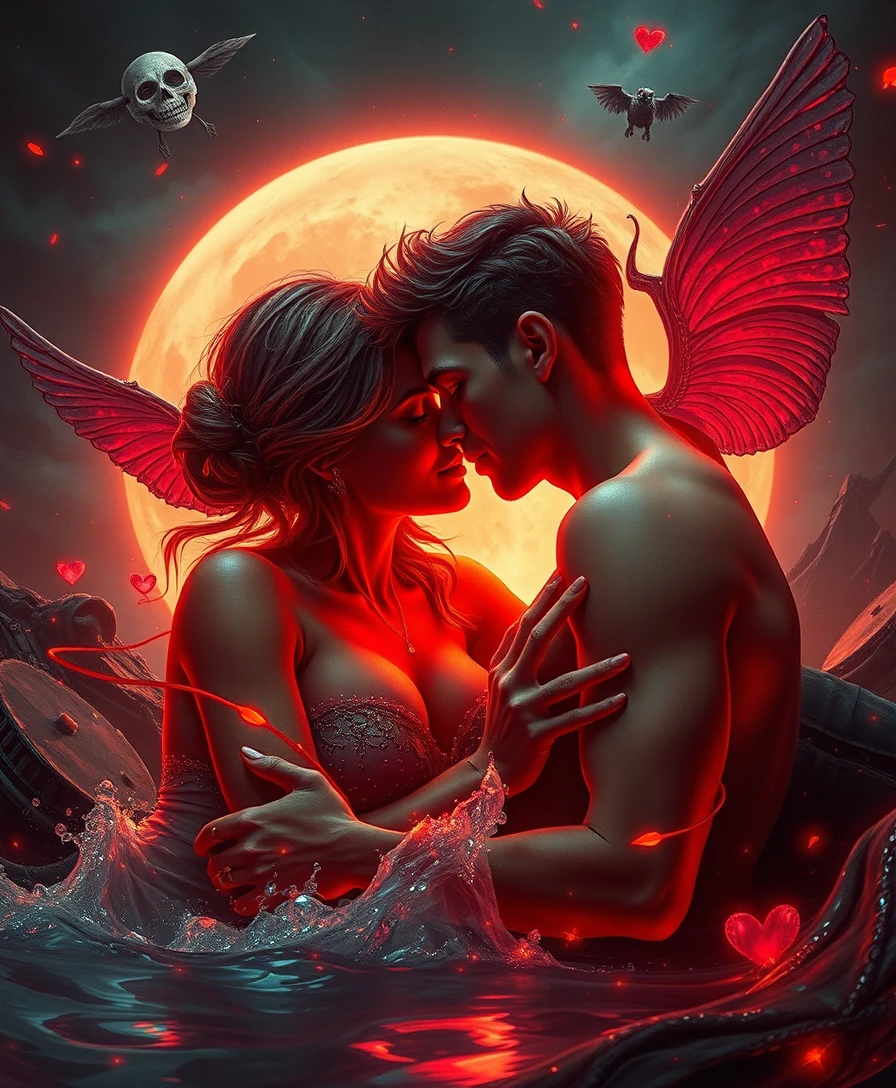 Surreal fusion of love tranquility and dangerous dark visions