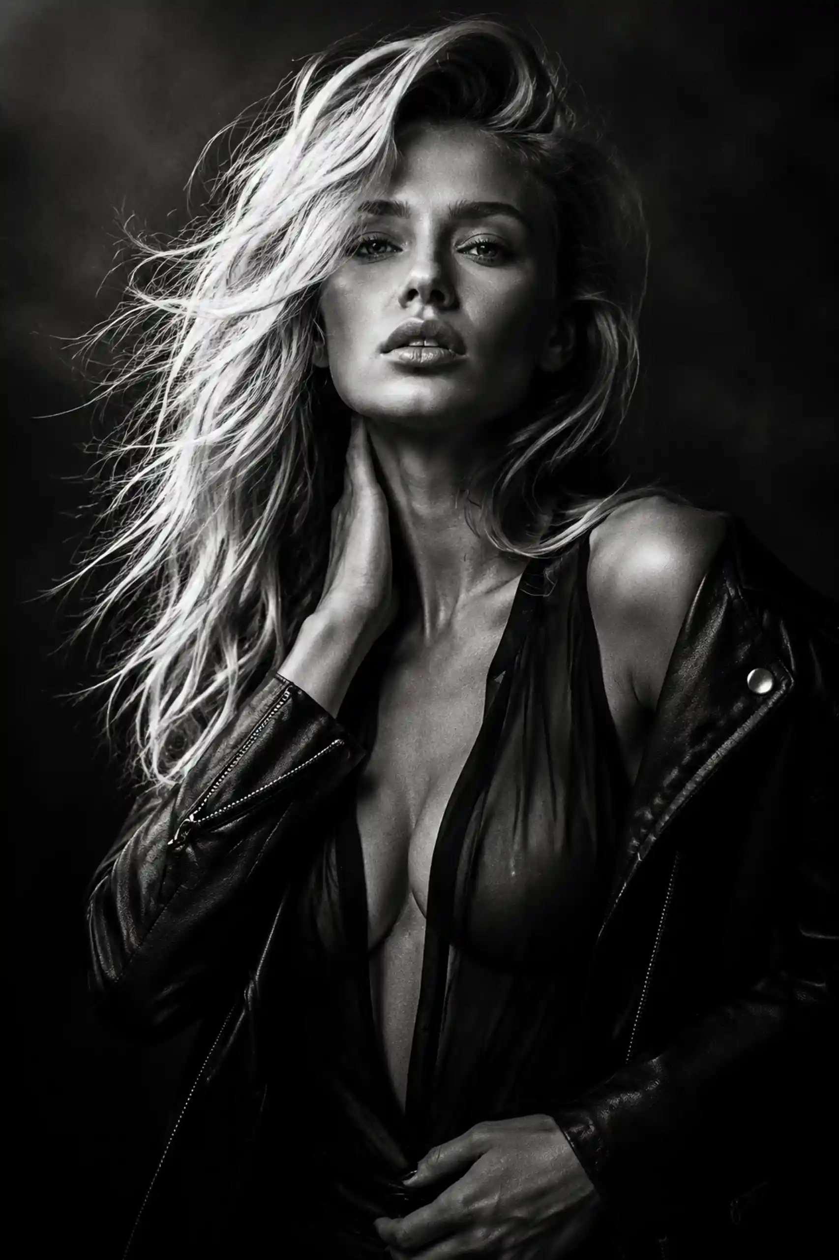 Dramatic black and white portrait of a confident young woman
