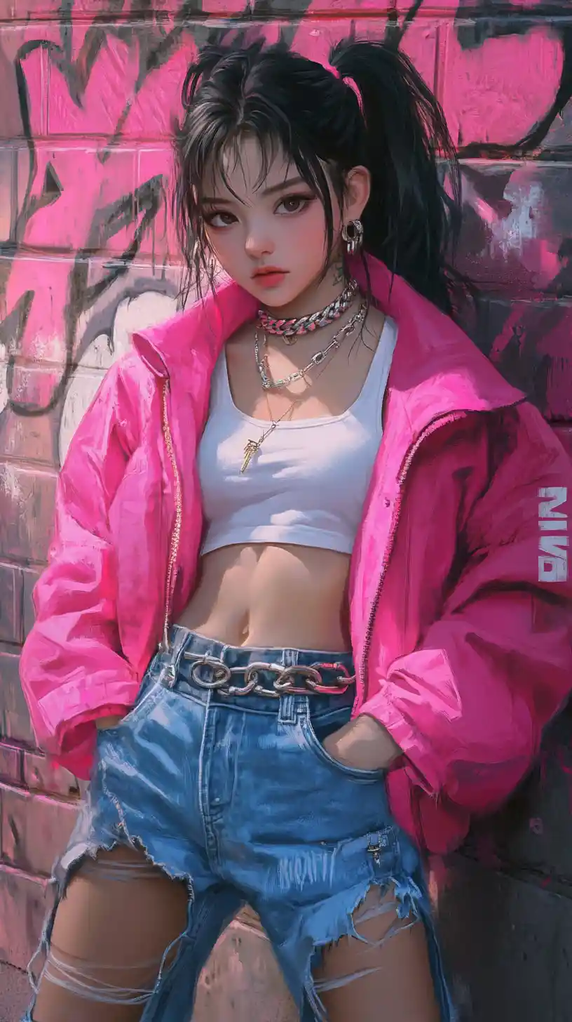 Anime girl in pink streetwear against neon graffiti wall