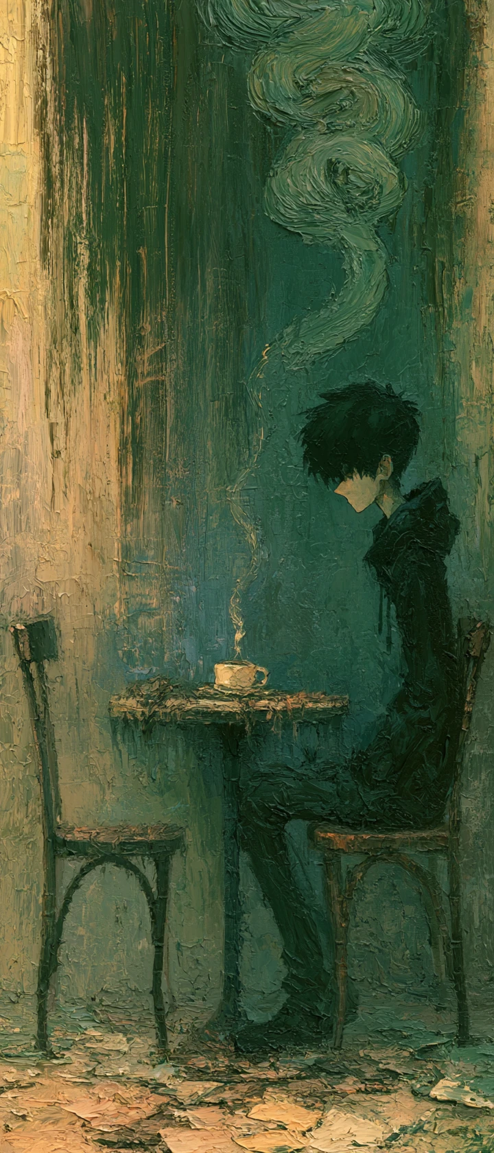 Anime boy alone at a small cafe table in impasto painting