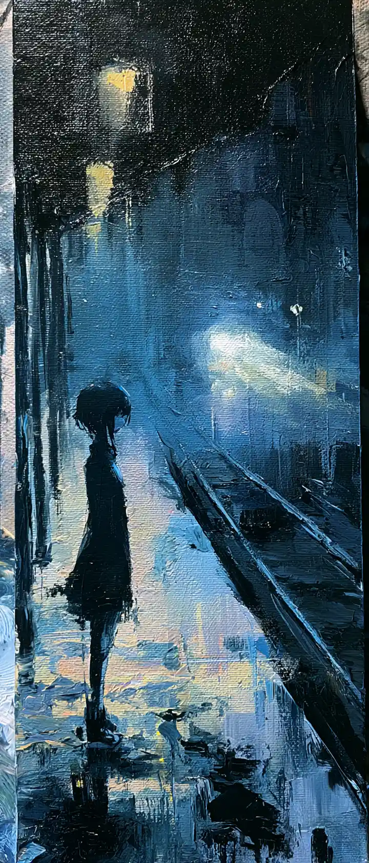 Lonely anime girl on a deserted night train platform