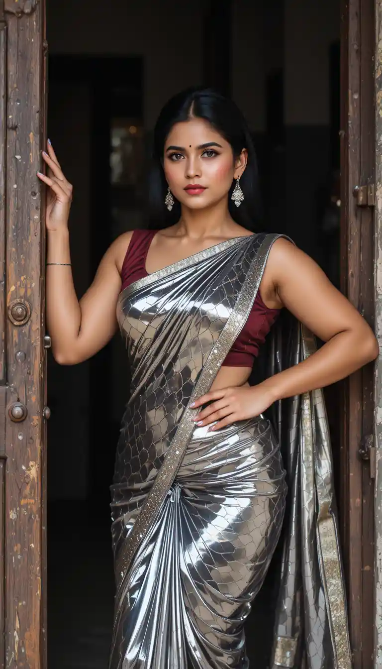 Sensual woman in glossy saree posing in traditional doorway