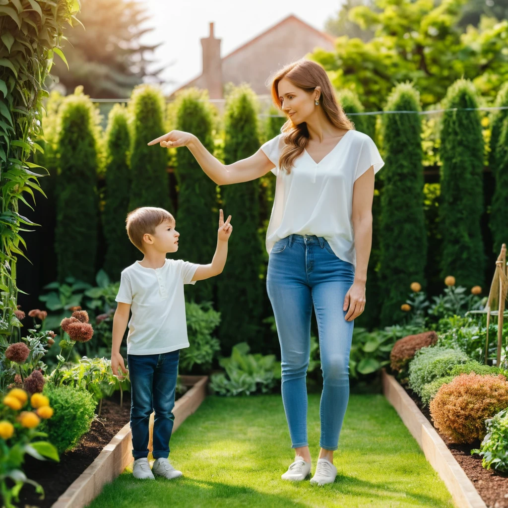 Mother holding her young sons hand in a sunny garden