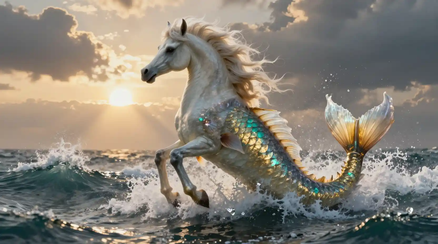 Mythic sea horse erupting from stormy ocean waves at sunset