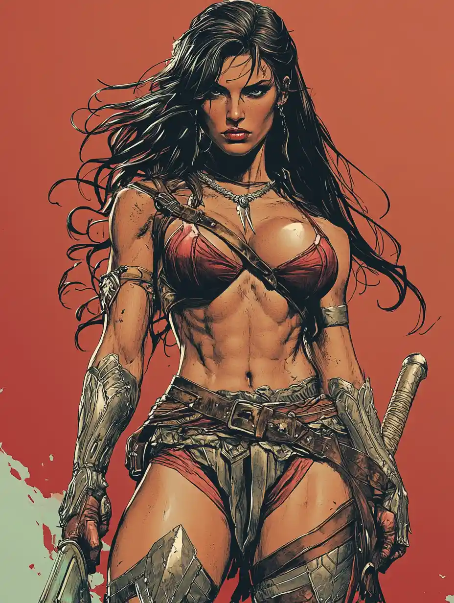 Hyper muscular female warrior in bold pin up illustration