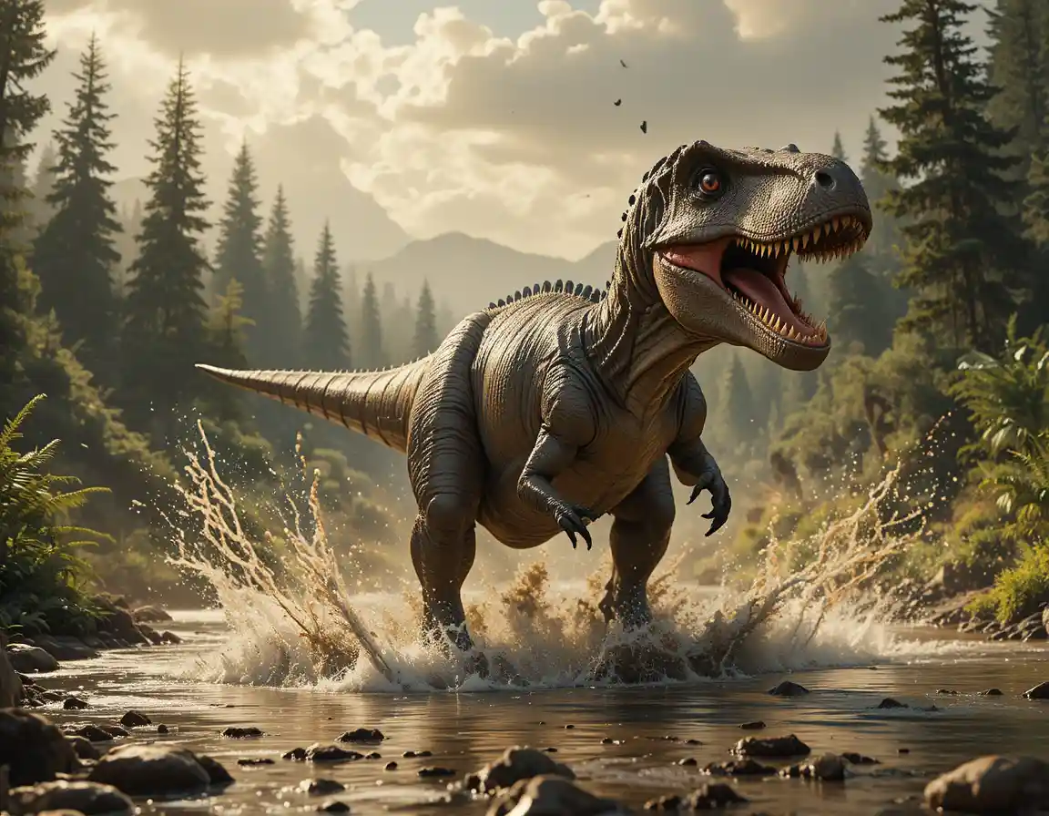 Tyrannosaurus Rex Running Across A Muddy Floodplain