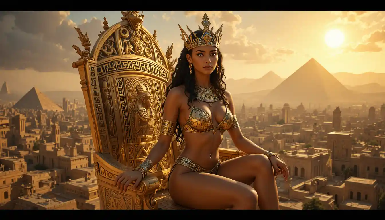Egyptian queen on golden throne above ancient city