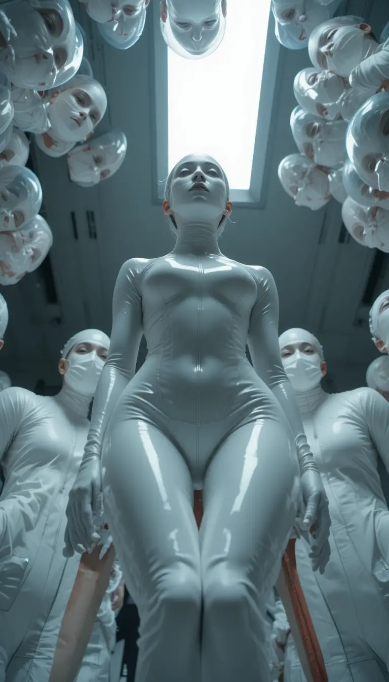 Group of latex nurses looking down toward the camera