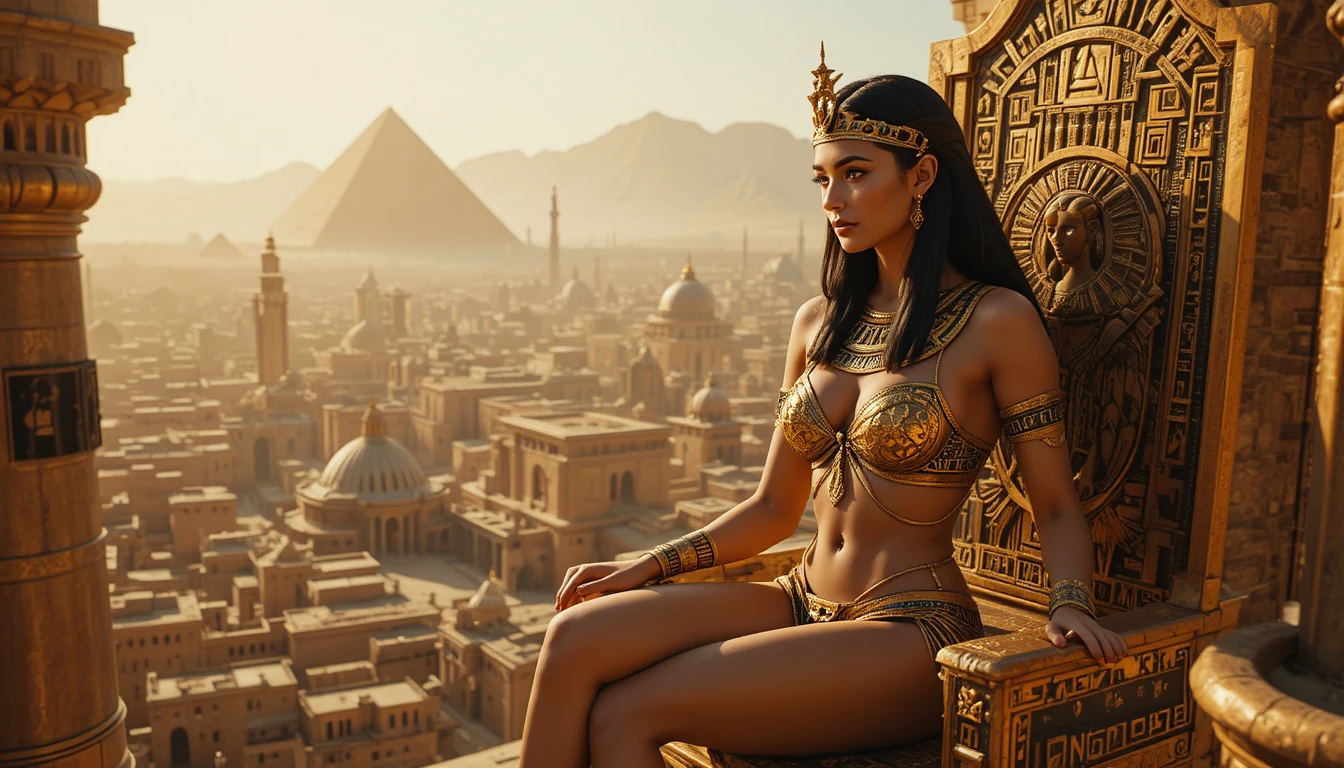 Egyptian queen on golden throne above ancient city