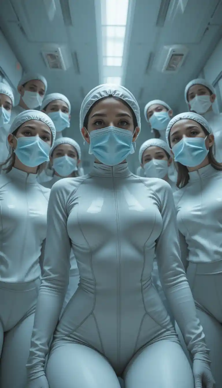 Low angle view of nurses in white latex catsuits
