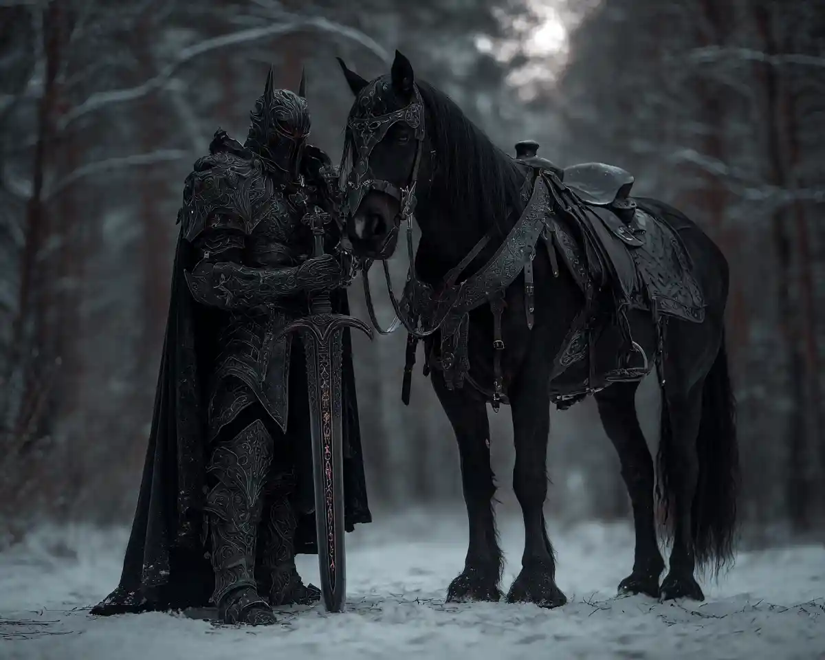 Cavaliere dark fantasy con spada maledetta e cavallo da guerra nero