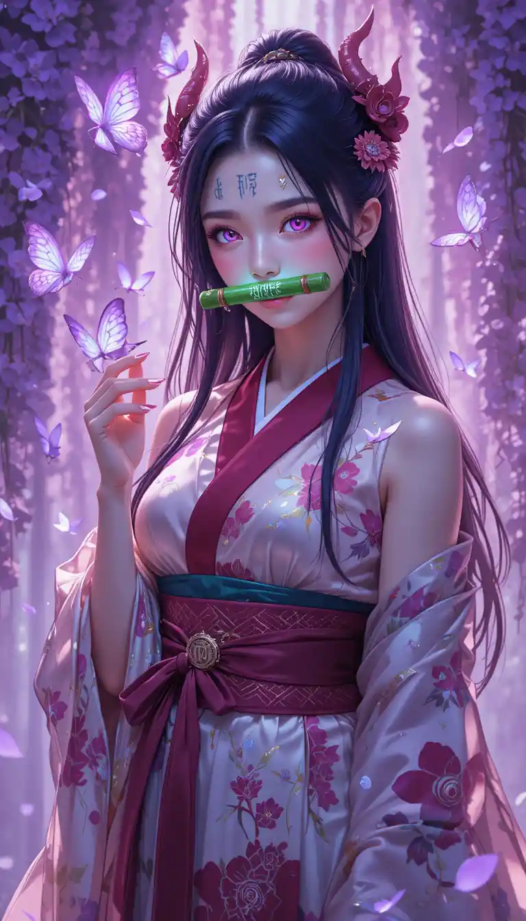 Anime demon girl with glowing runes and bamboo gag