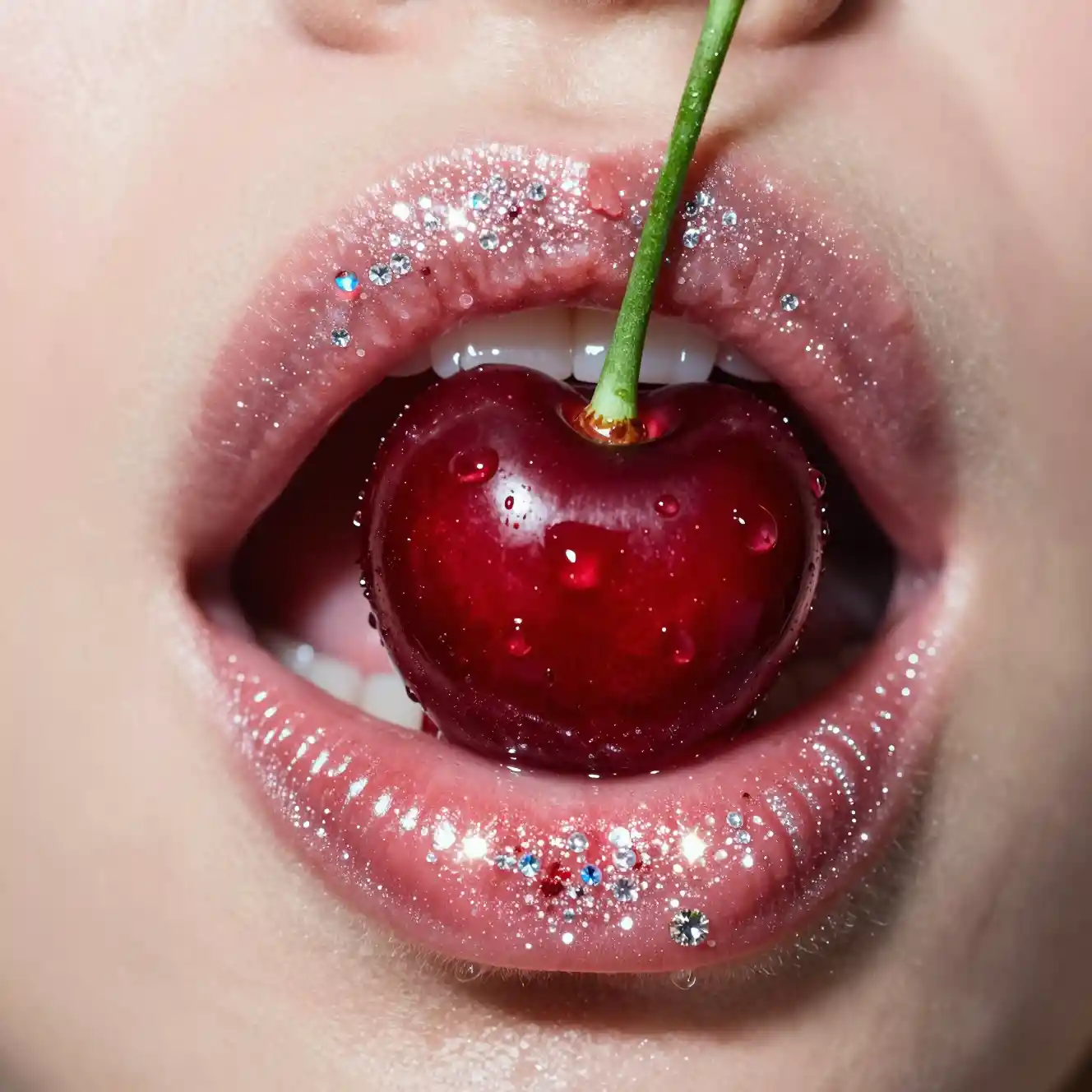 Wet cherry between glossy glittering lips in close up