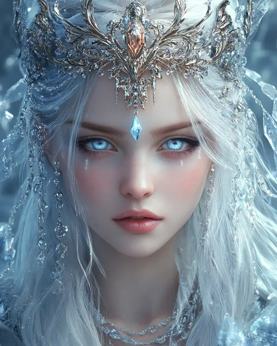 Crystal oracle woman in an icy celestial temple