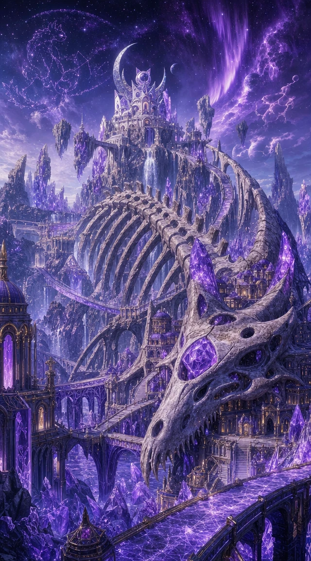 Antiguo reino de cristal de huesos de dragón con templos sagrados de fantasía