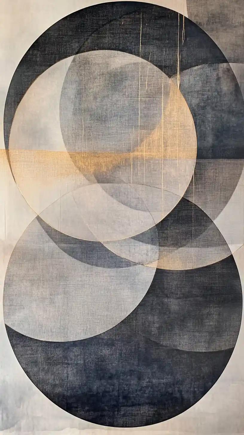 Layered translucent circles with luminous thread on aged paper