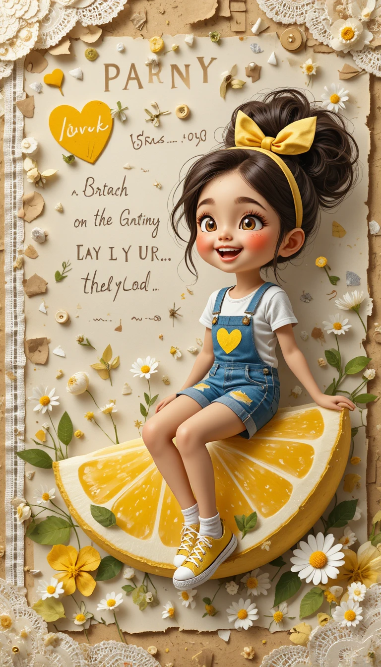 Joyful girl laughing on a giant lemon scrapbook illustration