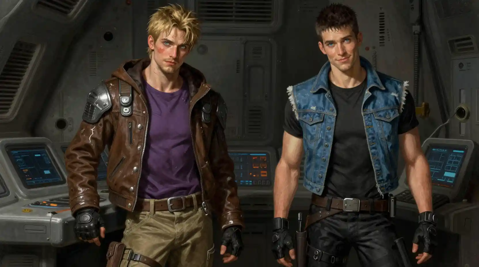 Two spacefaring men in a gritty starship cockpit