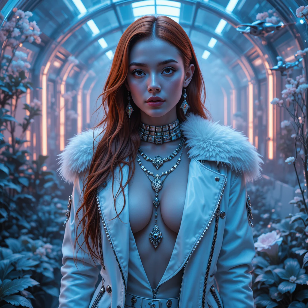 Elegant cyber heroine in a futuristic neon greenhouse portrait