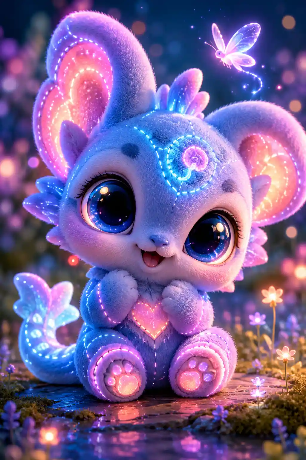 Cute glowing fantasy creature with oversized expressive eyes