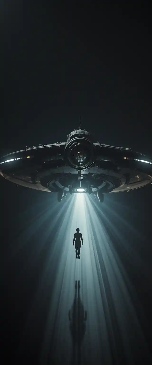 Dramatic UFO abduction scene in stark black and white
